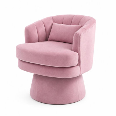 Velvet 360° Swivel Accent Barrel Chair with Lumbar Pillow, Upholstered Armchair with Round Base, 300 LBS Capacity for Living Room Bedroom, Pink