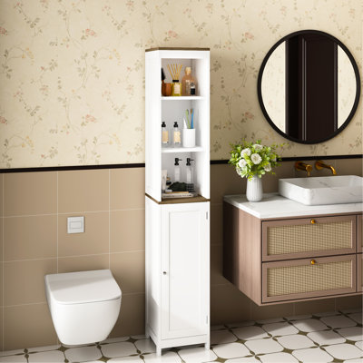 Narrow White Bathroom Storage With Reversible Door, Freestanding Linen Tower For Laundry Room, Open Shelves And Enclosed Cabinet, Adjustable Various Sizes Cabinet Or Small Spaces, Tall Compartments