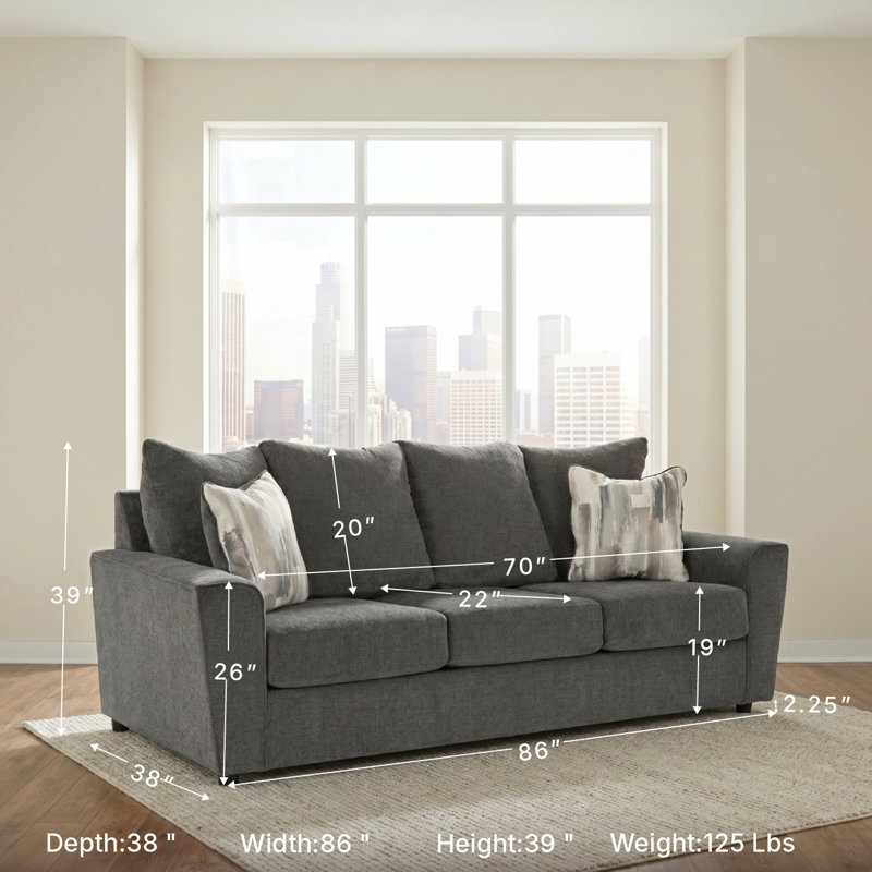 Upholstered Sofa, 39" H x 86" W x 38" D, Gray