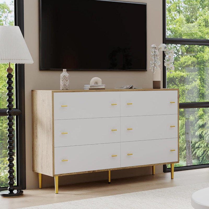 47.2 in Wide Rustic Dresser, 6-Drawer Chest with Bar Handles, Natural Texture for Bedroom, Living Room, Hallway & Entryway