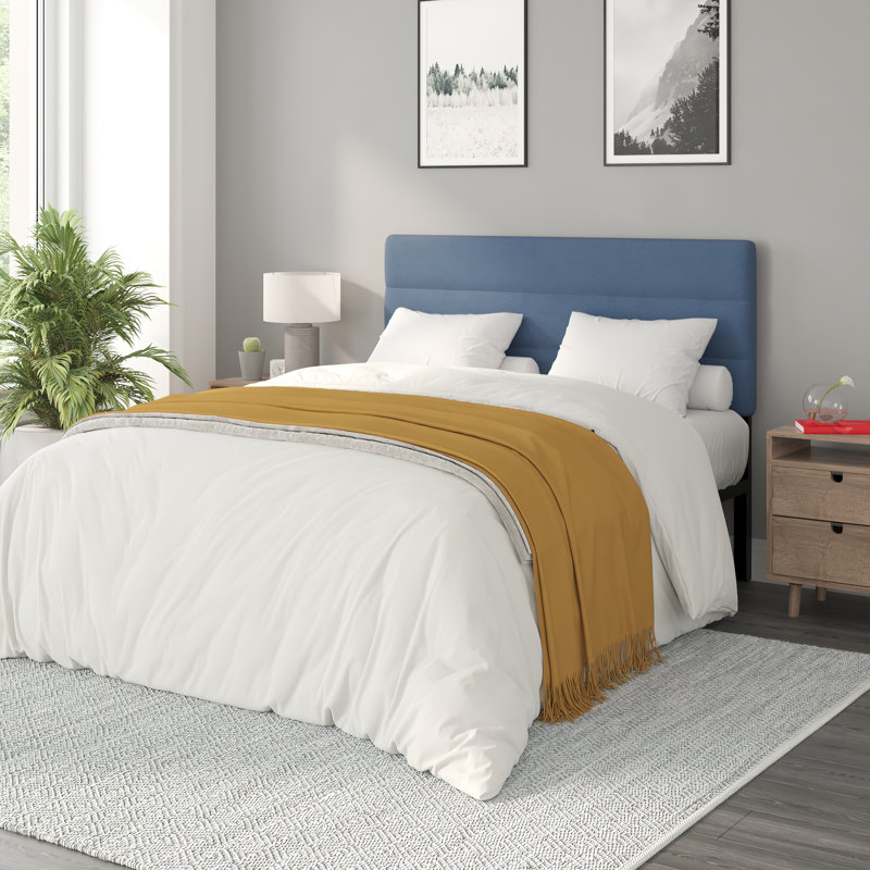 Channel Stitched Upholstered Headboard, Adjustable Height from 44.5" to 57.25", Blue, Queen