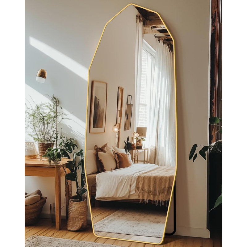 Miroir pleine longueur 71 po x 28 po en forme de losange, cadre en aluminium doré, miroir mural complet, incliné ou autoportant pour chambre à coucher, salle de bain ou salon