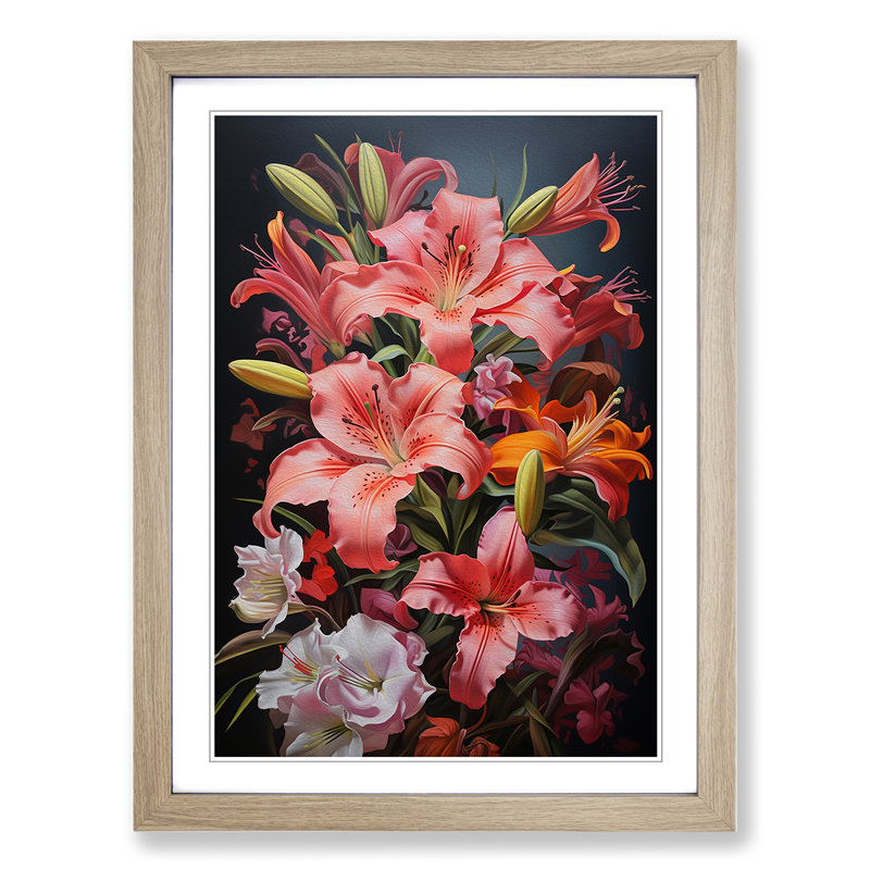 Floral Hard Edge Painting No.2 - Single Picture Frame Print on Wood, 46cm H x 34cm W x 2cm D, Oak