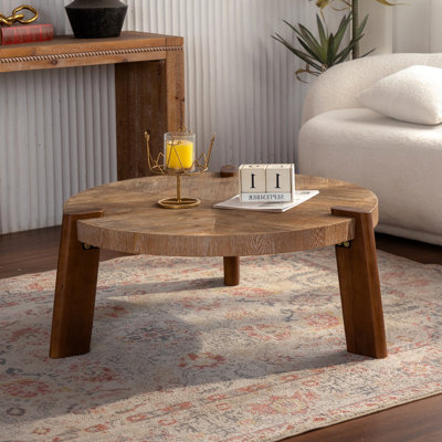Table basse ronde à chevrons de 36,61 po - Table basse rustique en bois massif et panneau de fibres à densité moyenne avec pieds fuselés, finition en bois naturel vieilli pour le salon