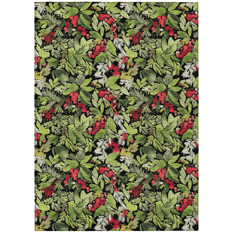 Machine Washable Indoor/Outdoor Christmas Cherries Xhevrie Black Rug