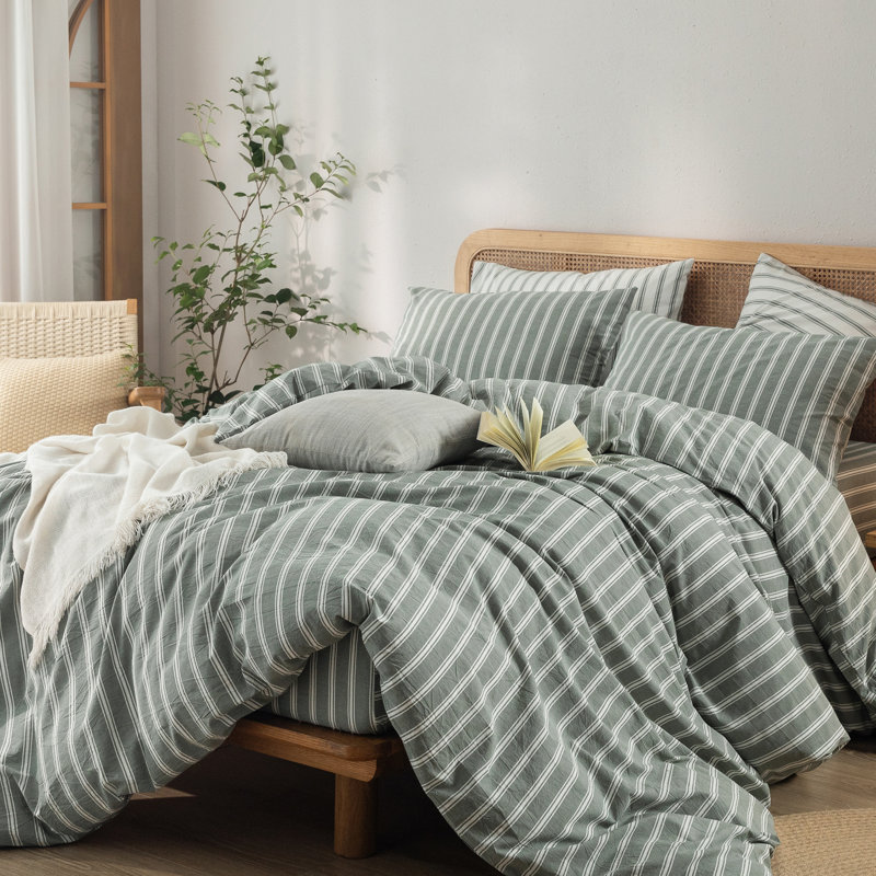 Ensemble de housse de couette à rayures 100% coton délavé Bestouch Bestouch, Rayures - vert / blanc