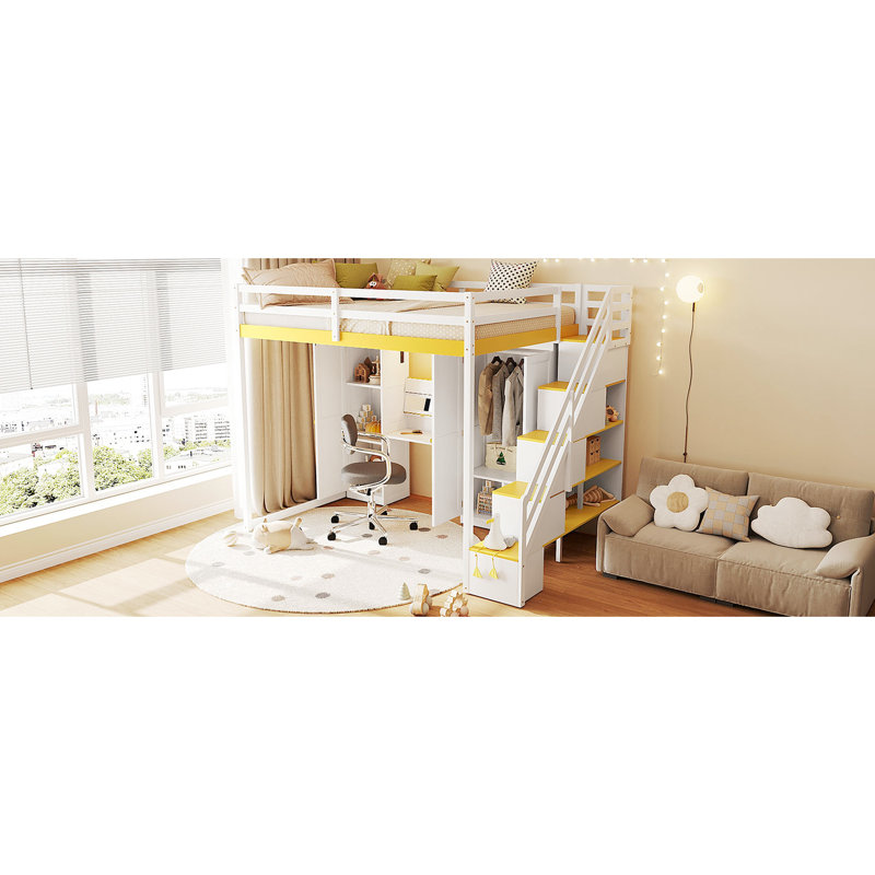 Lit mezzanine double avec coiffeuse et rangement intégrés, blanc et jaune. Installation d'escalier réglable, rangement à 3 niveaux pour le chargement des vêtements, petites chambres peu encombrantes, structure en bois