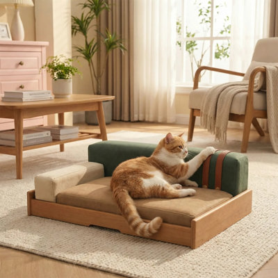 Lit pour animaux en bois moderne pour chats et chiens avec structure en placage de chêne, tissu résistant aux rayures et coussin amovible
