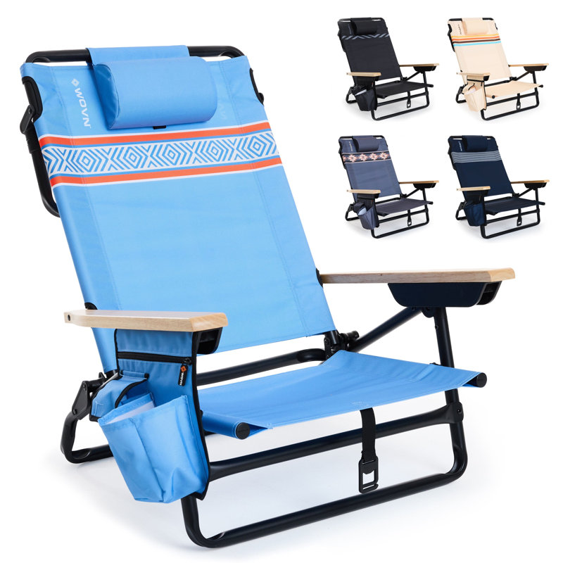 WOVN Premium Reclining Beach Chairs - Portable Lay Flat Folding Beach Chair for Adults - Includes Shoulder Backpack Strap, Pillow, 2 Pockets, and Cup Holder - Baja
