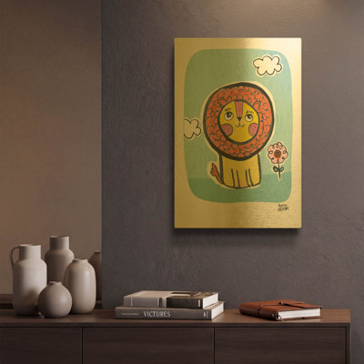 «Wild About You Lion» par Melissa Averinos, art mural en métal doré, 12 po x 16 po