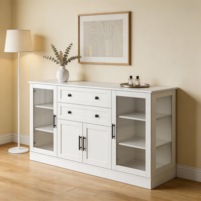 58.3" Modern Buffet Sideboard with 4 Doors, 2 Drawers, Adjustable Shelves, Power Outlet, Acrylic Panels & Aluminum Alloy Handles, Storage Cabinet for Dining Room, Living Room & Kitchen