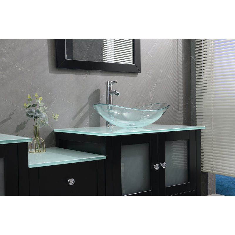 Jahziah 74.5'' Double Bathroom Vanity with Tempered Glass Top, Black