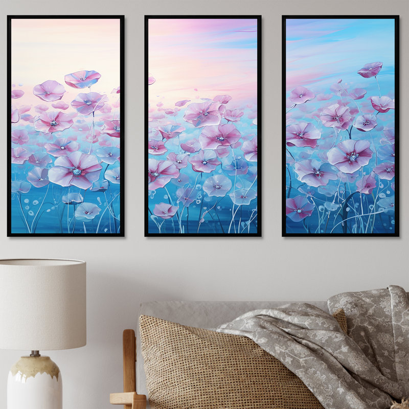 «Pink Morning Glory», art liquide, champ de fleurs - ensemble d'art mural champ de fleurs, Cadre flottant noir