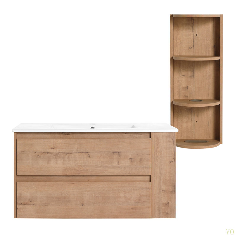 Meuble-lavabo mural 36 po avec lavabo et support de rangement, 2 tiroirs à fermeture en douceur, armoire combinée (KD-Packing)
