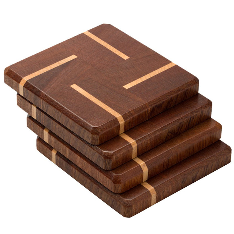 Wood Coaster Set With Holder, Brown