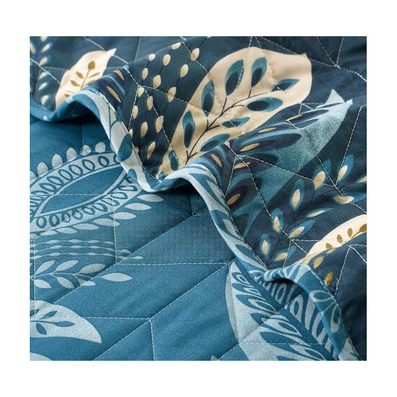Andrena Microfiber Bedspread with Pillow Shams, Teal, Floral, Super King Bedspread + 2 Standard Pillow Shams