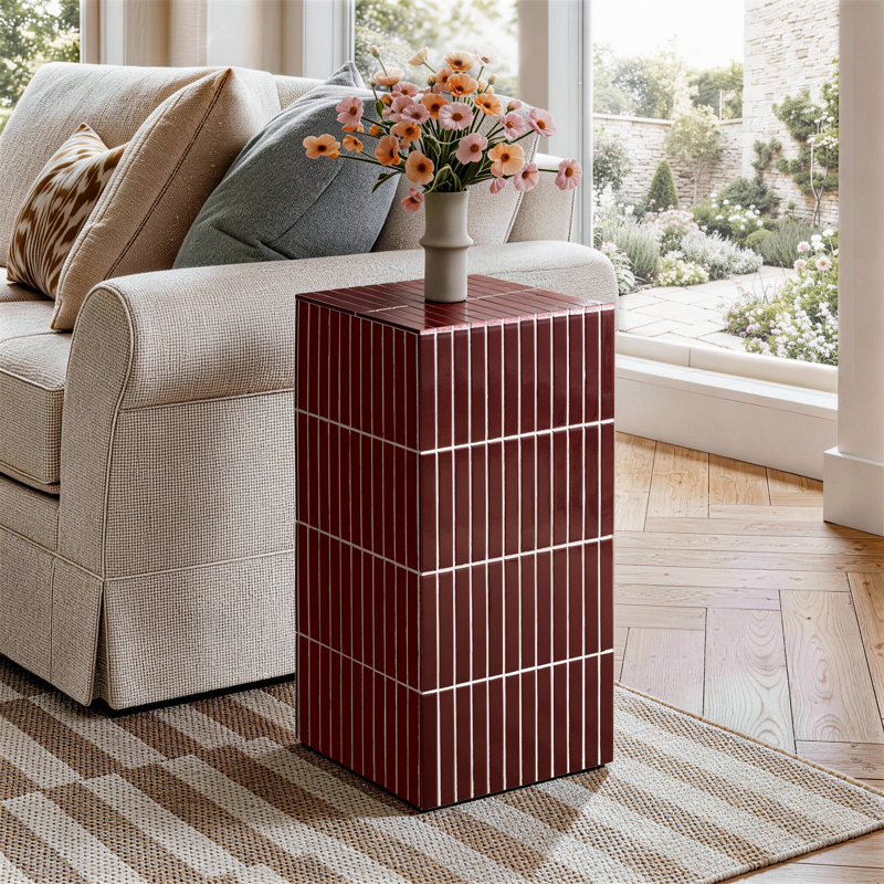 60cm Modern Grid-Tiled Square End Table, Red
