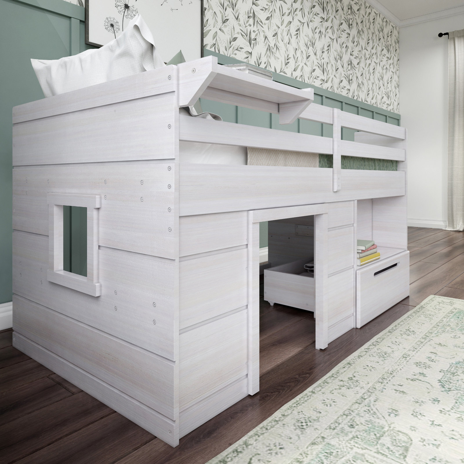 Purdy Hill Twin Loft Bed with Drawers, White Wash