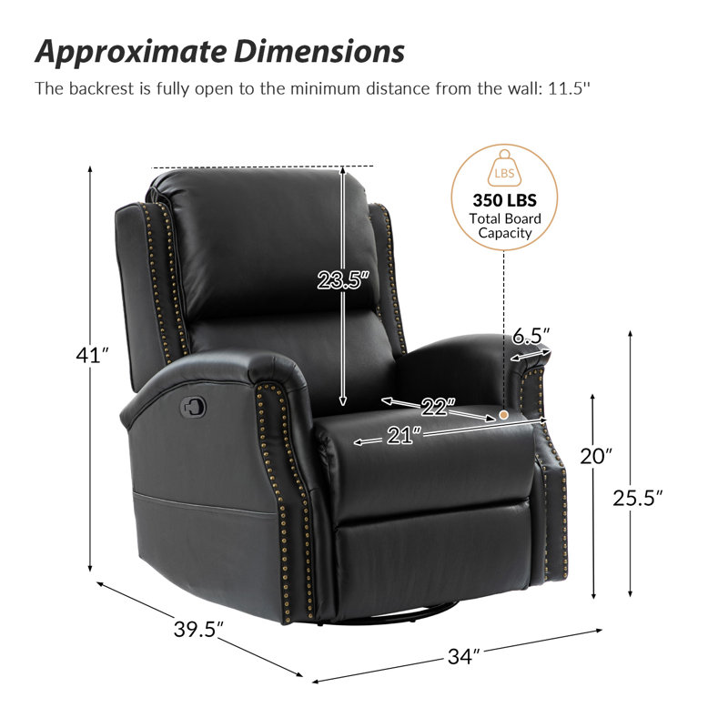 Ensemble de fauteuils inclinables traditionnels en cuir véritable l 34 po Purcell, Noir