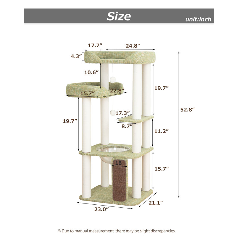 53" Cat Tree Tower for Large Cats, Large Perch & Sisal Board | Soft velvet surface | Easy-clean fabric | Cotton-rope posts | Window-side friendly | Multi-level lounging