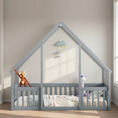 Wood House-Shaped Floor Bed with Fence, Guardrails