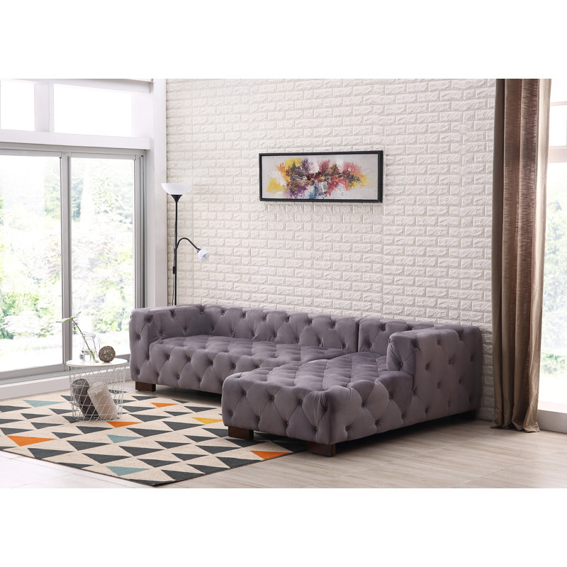 Velvet L-Shaped Sectional, Gray Velvet, Right Hand Facing