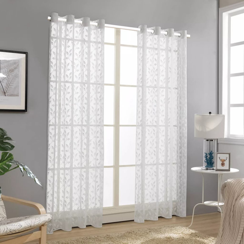 Fingal Semi Sheer Curtain Pair, Leaves White, Width 140cm x Drop 245cm