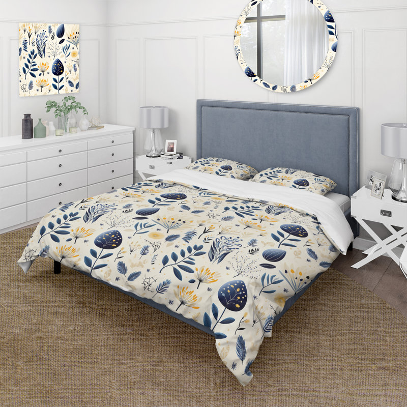 Ensemble de housse de couette floral bleu et blanc, Housse de couette simple + 1 taie décorative stan