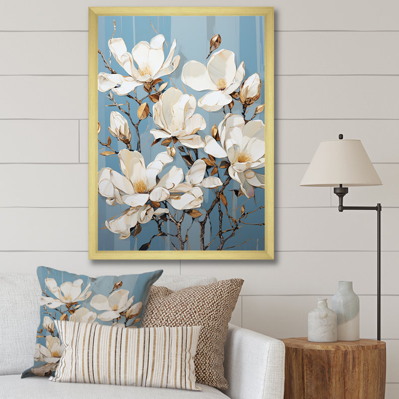 «Elegant White and Blue Magnolias Tranquility VI», reproduction sur toile, H 32 po x l 24 po x P 1 po, Cadre simple argenté