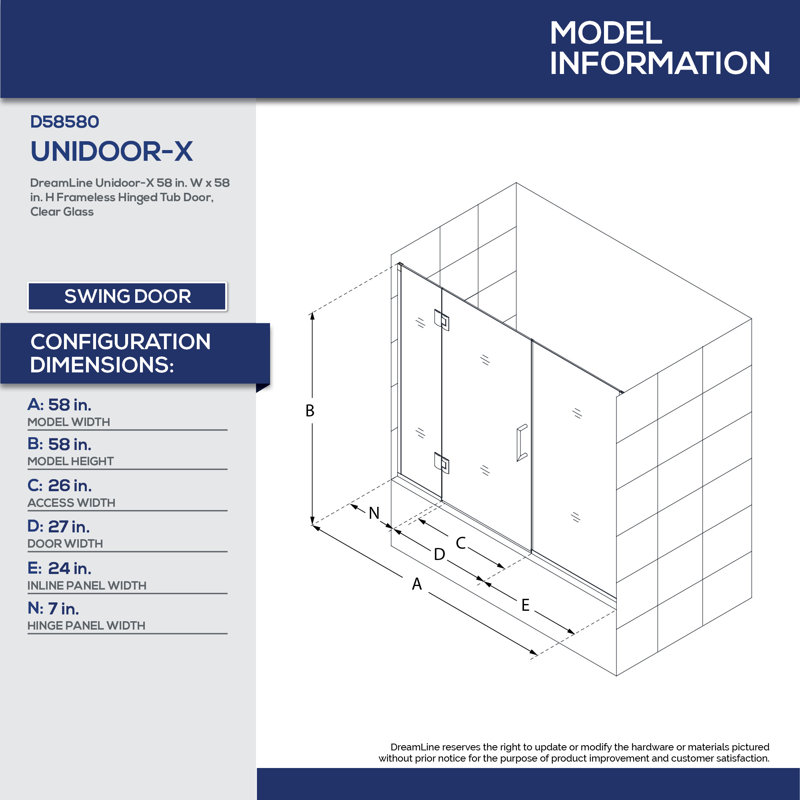Unidoor-X 58" W x 58" H Hinged Frameless Tub Door, Chrome