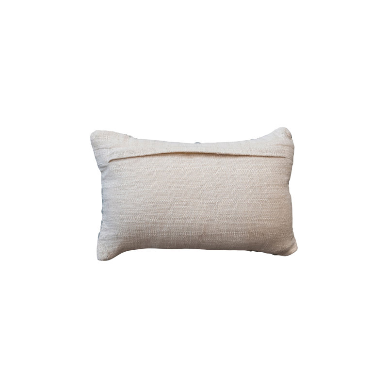 Natural and Green Hand-Embroidered Cotton Kantha Lumbar Pillow