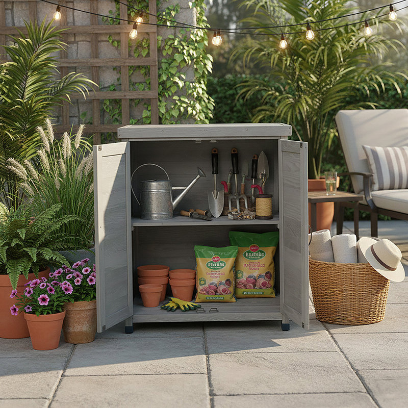 Banc de rempotage avec armoire de rangement et plateau de table en métal pour patio extérieur, table de poste de travail extérieur