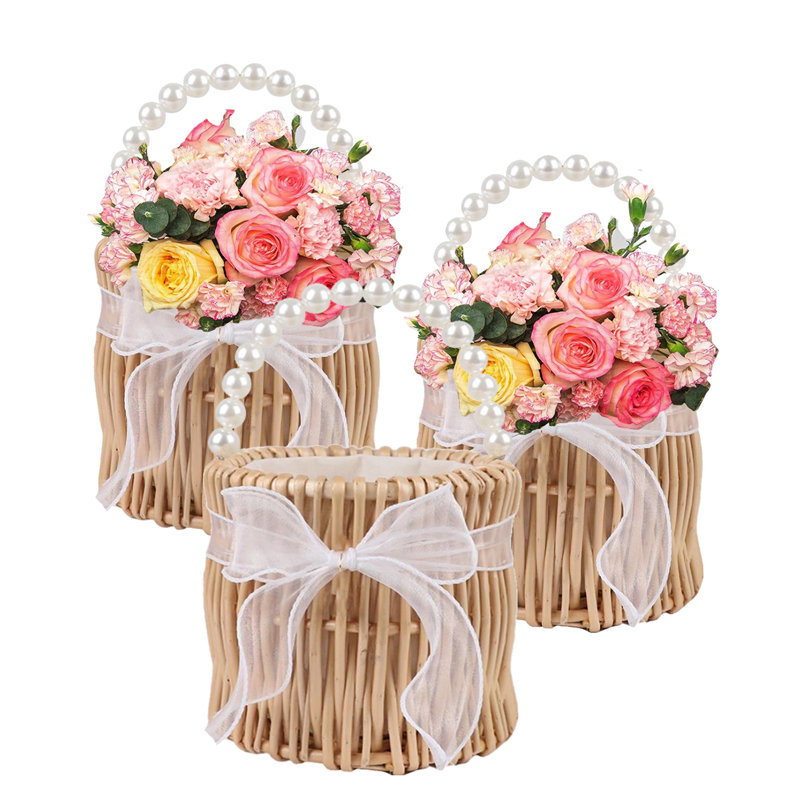 Ensemble de 3 paniers de demoiselle d'honneur avec poignée et nœud perle, doublure imperméable, panier de pétales de mariage en rotin en osier tissé à la main pour Pâques, bonbon d'Halloween, décoration de Noël et jardin