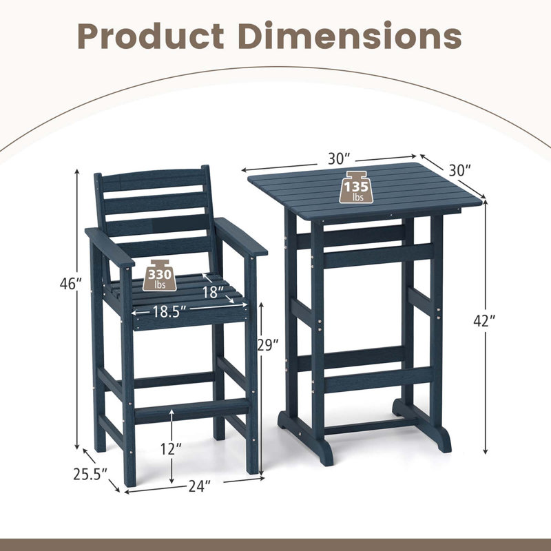 3-Piece Patio HDPE Bar Set Armchairs with Square High-Top Table Footrest Backrest , Navy