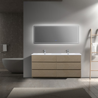 Ilic 60 po L x 21 po P 6 tiroirs Meuble-lavabo autoportant avec évier double et Comptoir en Quartz noir d'ingénierie