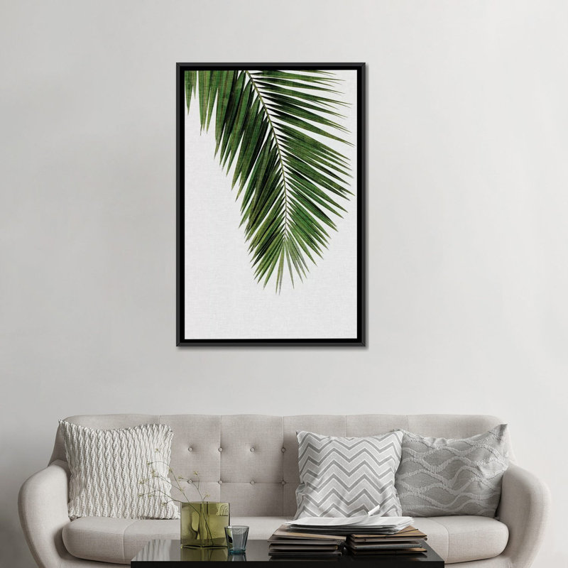« palm leaf i », reproduction d’impression sur toile en vert, H 26 po x l 18 po x P 1,5 po, Toile avec cadre noir