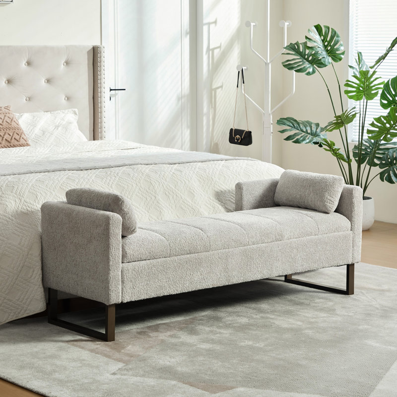 Chenille Upholstered Bench, Light Gray, Light Grey, Light Grey