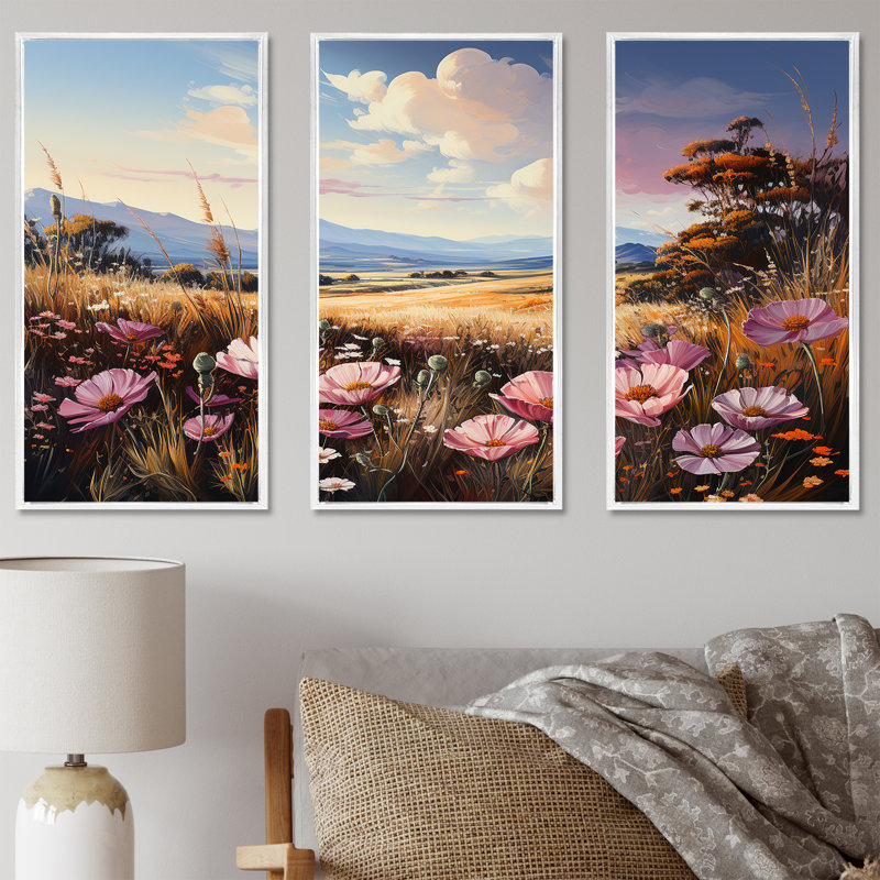 Fleurs mauves colorées, ensemble d'art mural sur toile, "Fleurs de mauve dans le Nevada", Cadre flottant blanc