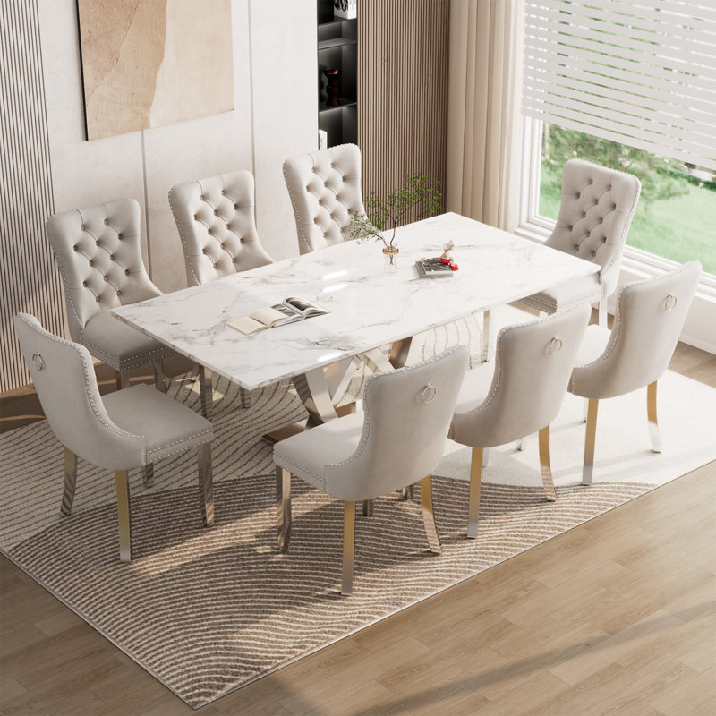 Ensemble de table de salle à manger 70 po pour 8 personnes, avec 8 chaises rembourrées, Blanc, Argent argent