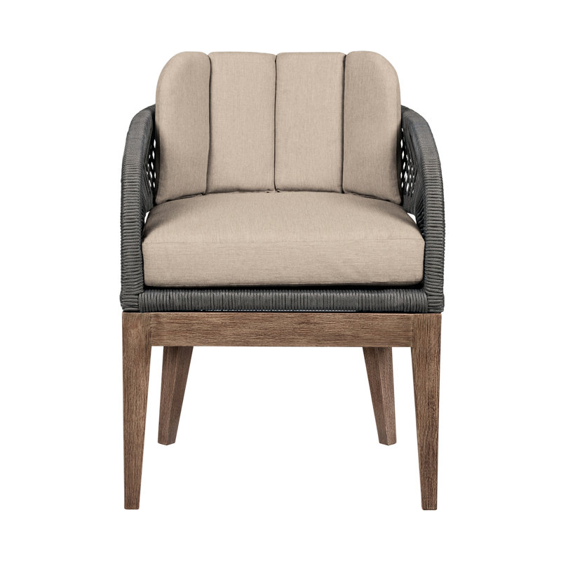 Chaise de terrasse Orbit en bois d'eucalyptus vieilli avec corde grise et coussins en oléfine taupe