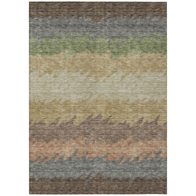 3' X 5' Chocolate Gray And Green Striped Washable Indoor Outdoor Area Rug