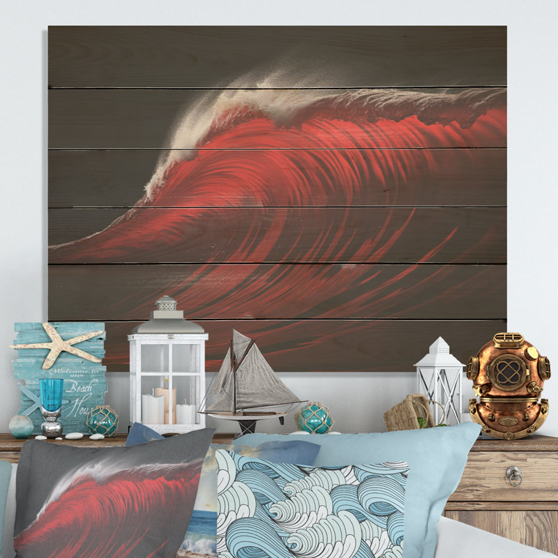 Minimalism Black Red Wave Scenery I - Coastal Wood Wall Art On Natural Pine Wood, 10" H x 20" W