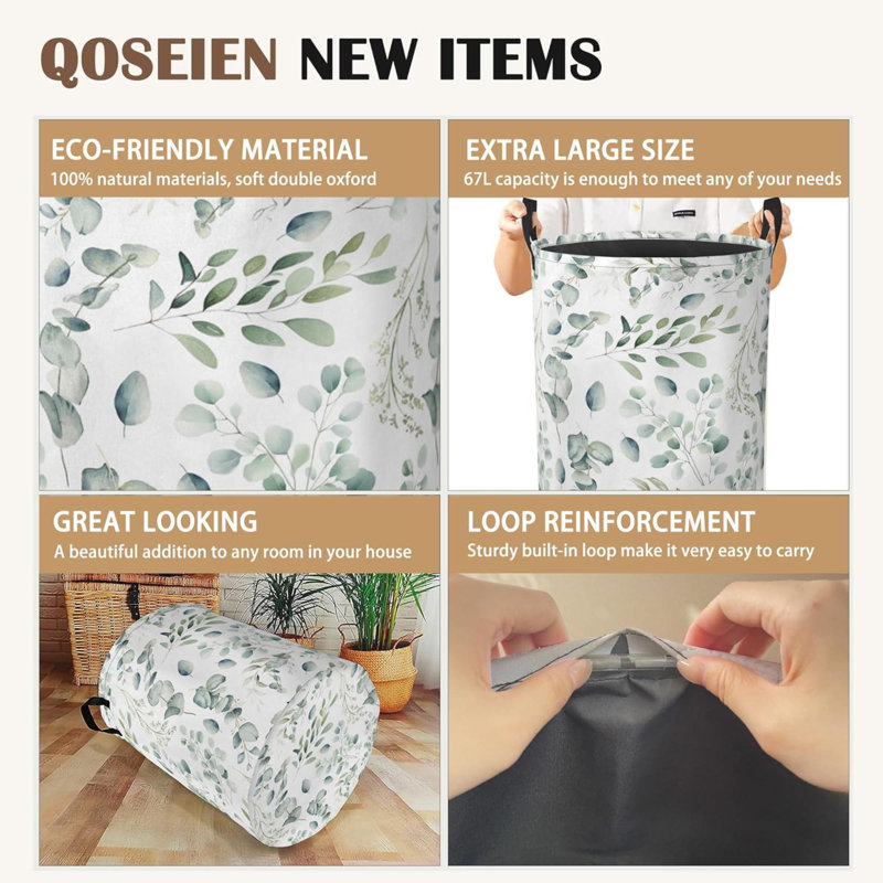 Eucalyptus Collapsible Laundry Baskets,Leaves Branches Laundry Hamper,Storage Basket With Handles For Bathroom Bedroom College Dormitory Living Room Nursery Organizer