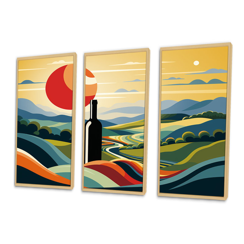 Bouteilles de vin dans des paysages italiens I - Art mural vin, Cadre flottant brun, H 28 po x l 36 po