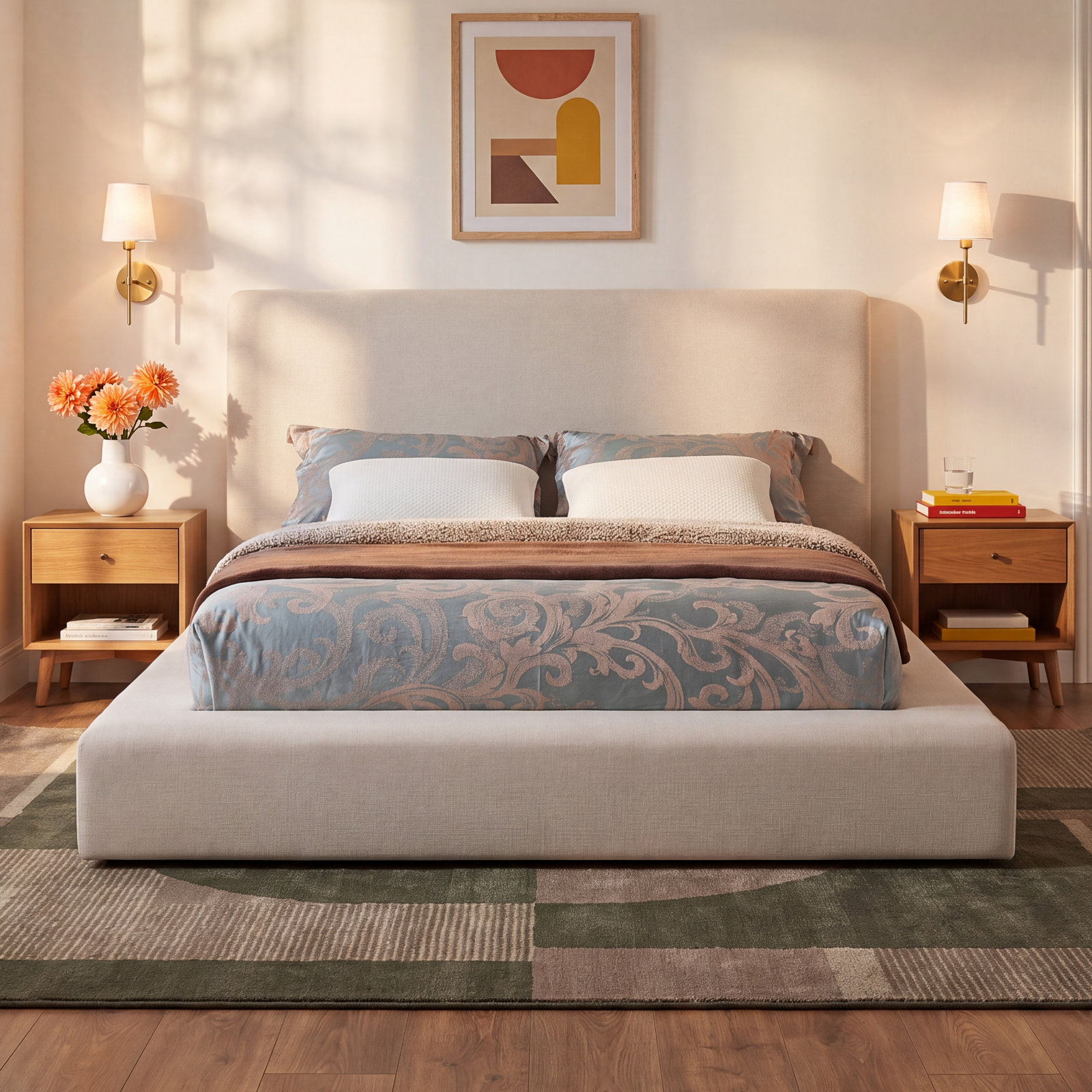 Ishia Velvet Upholstered Bed, Beige Linen, King
