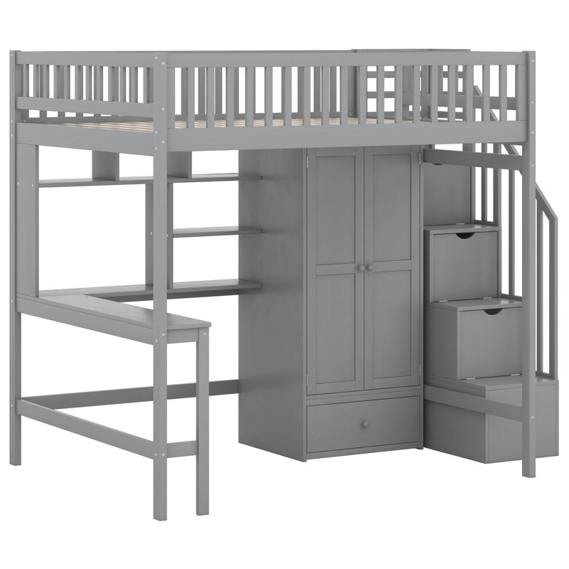 Lit mezzanine double avec tiroirs Jarlegav Kids, Gris