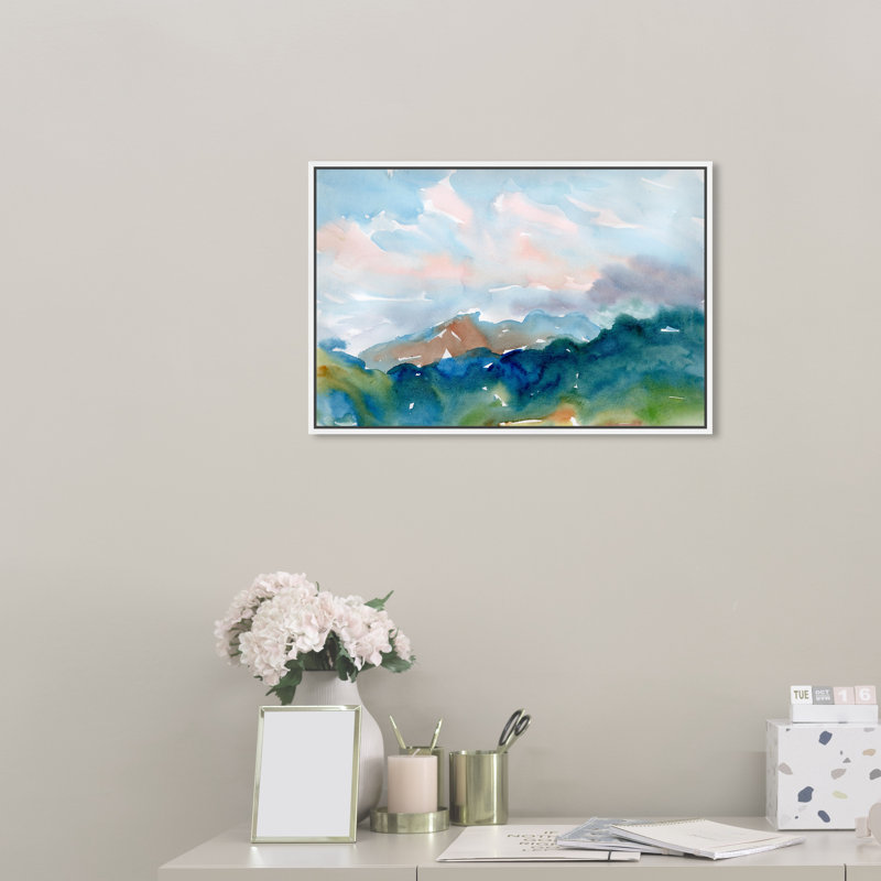Snowy Mountain Range - reproduction d'art sur toile, H 10 po x l 15 po x P 1,5 po, Cadre flottant blanc