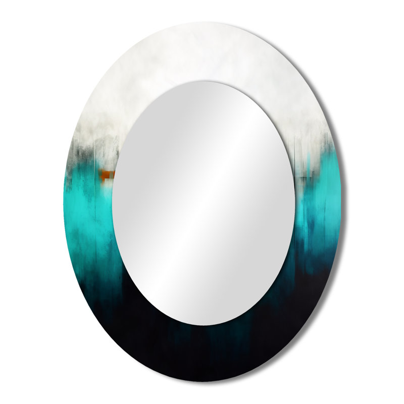 Miroir mural ovale bleu et noir à motif abstrait ondulé III, 43 po x 33 po