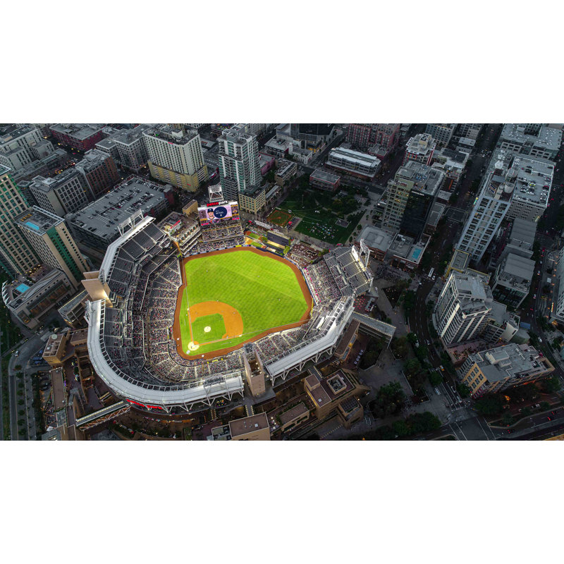 San Diego Padres, stade de baseball, parc Petco, vue aérienne, haut, temps de jeu en soirée, paysage urbain, baseball, stade