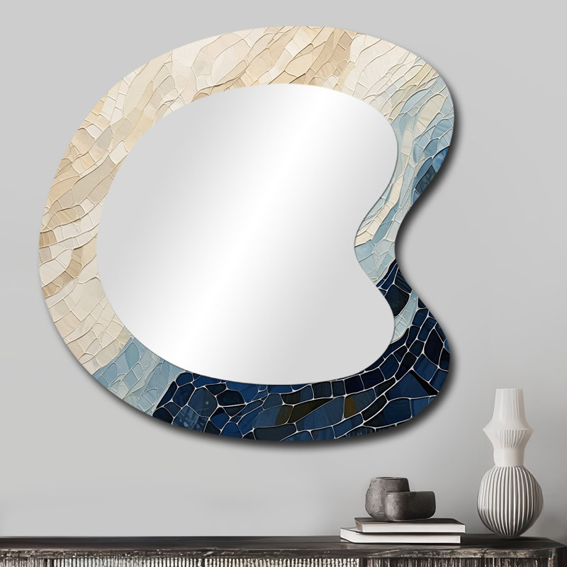 Abstract Breaking Waves Blue - Shapes Unique Shape Decorative Mirror, Beige Asymmetrical Wall Mirror, Printed Metal Art